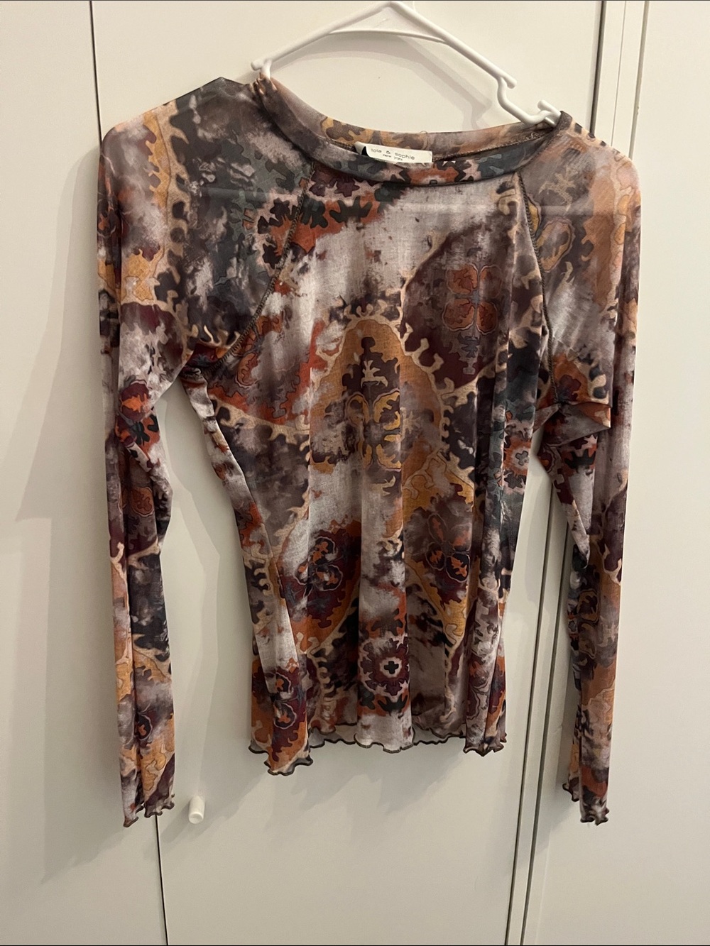 Lola & Sophie Long Sleeve Velvet-Effect Printed Top in Rust, Gray & Mustard
